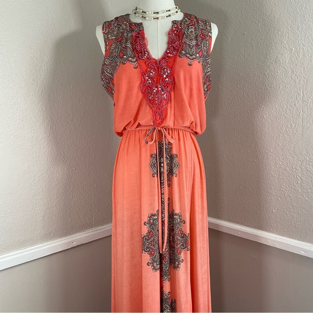Paisley Chiffon Sleeveless Maxi Dress Size Small Rhinestone Sequin Detail - Picture 9 of 15